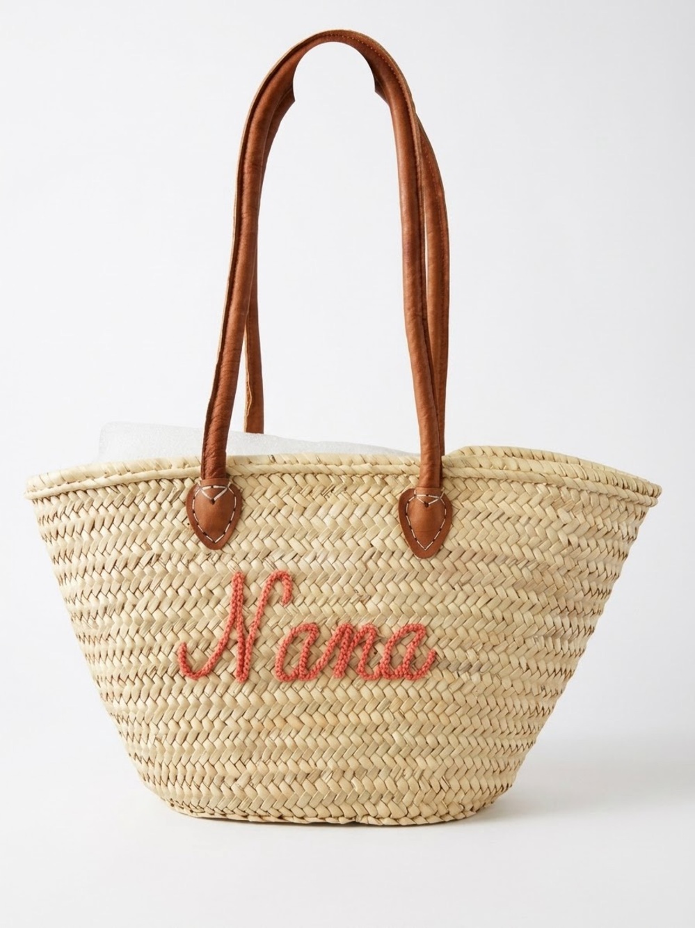 Source Unknown Natural Straw Tote with Brown Handles and Coral Script